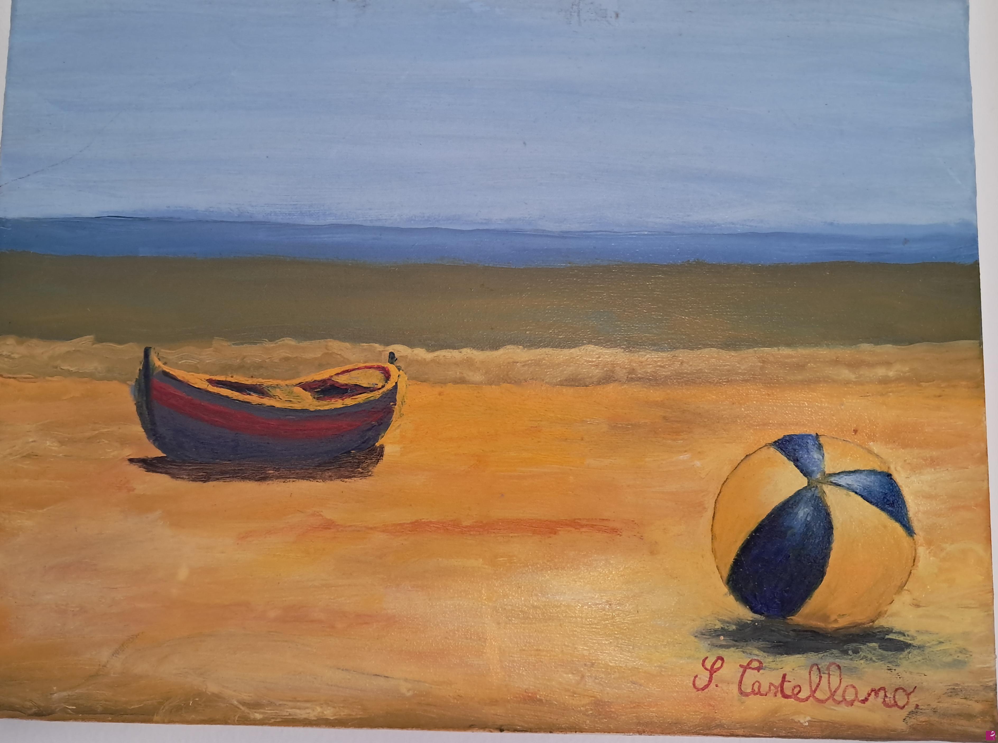 quadri in vendita online - La palla e la barca in riva al mare