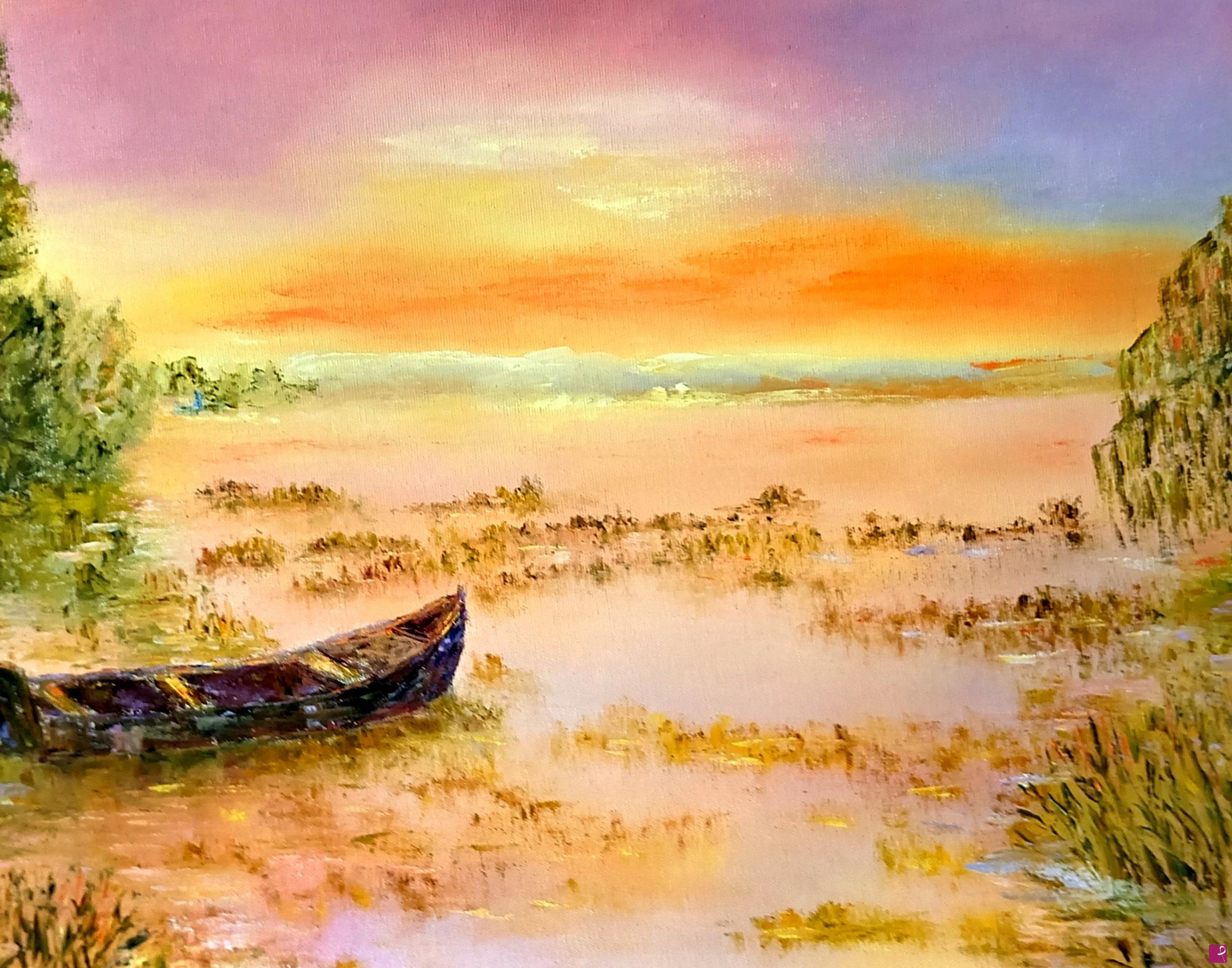 quadri in vendita online - LAC AU COUCHER DE SOLEIL