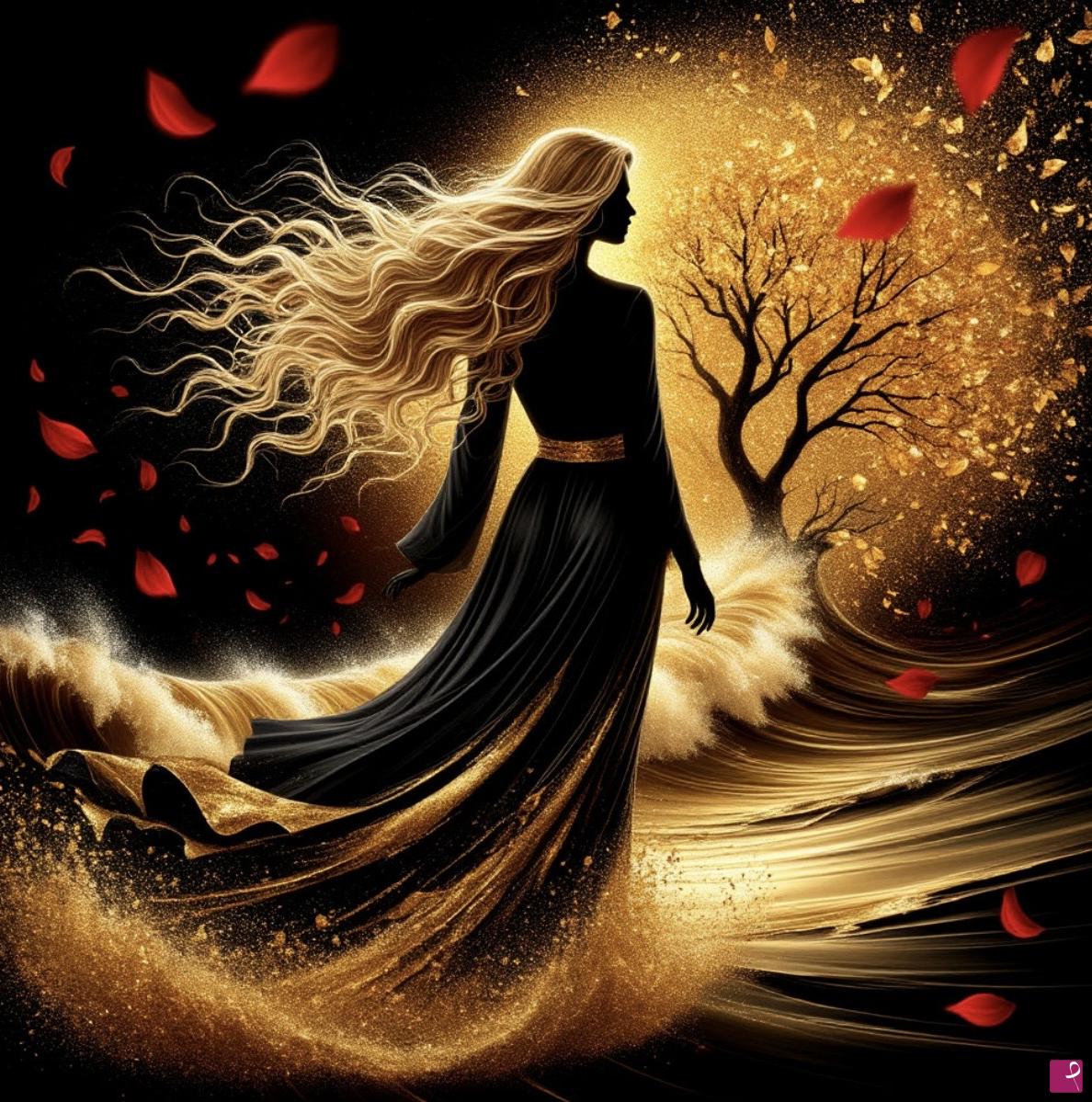 quadri in vendita online - Lady and gold tree 