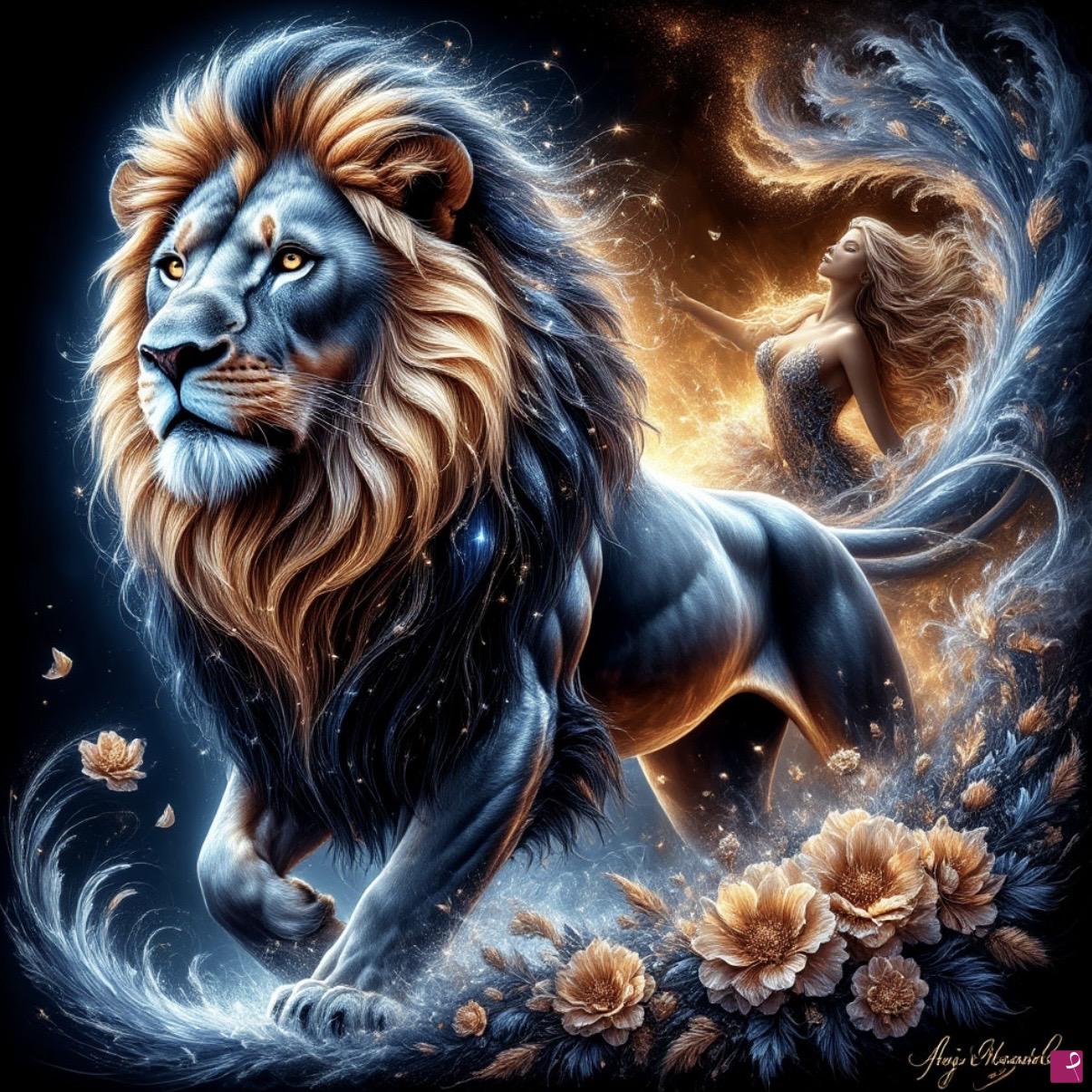 quadri in vendita online - Lion and beautiful girl 