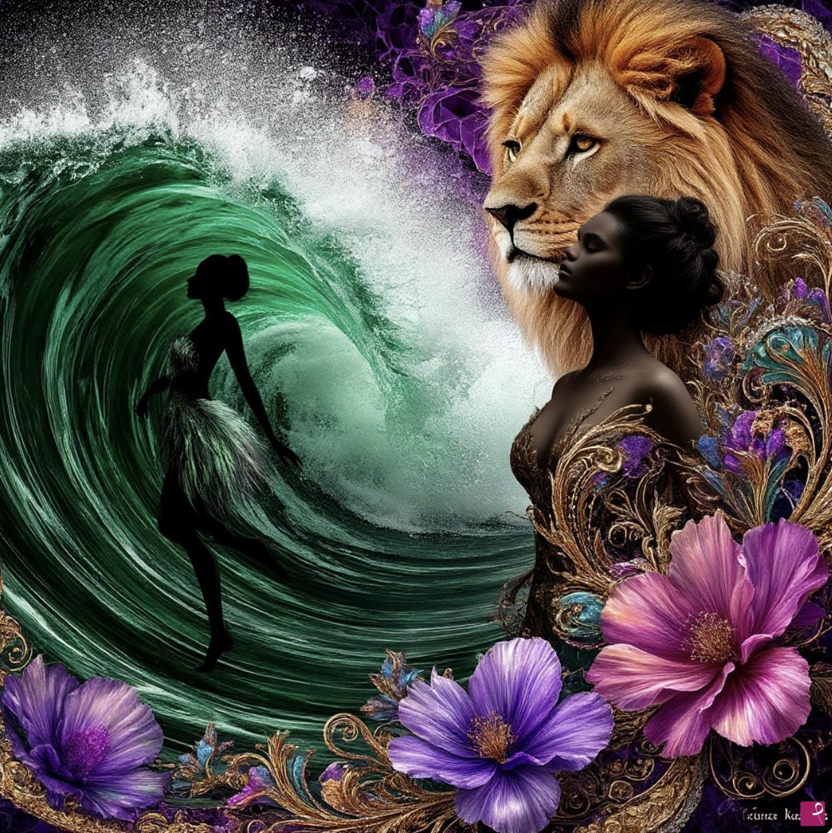 quadri in vendita online - Lion, women, ocean waves 