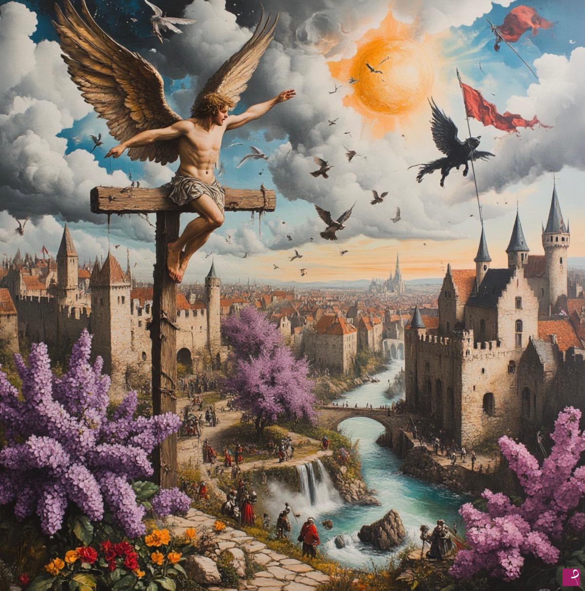 quadri in vendita online - Medieval city and angel 