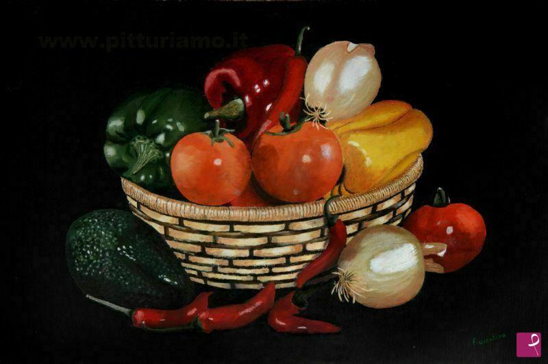 quadri in vendita online - Natura morta con avocado,peperoni e cipolle