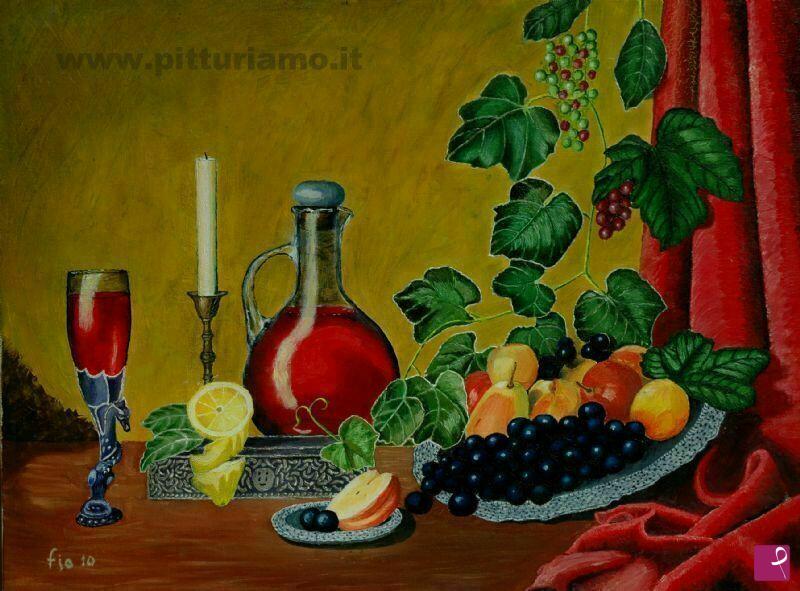 quadri in vendita online - Natura morta con frutta e vino