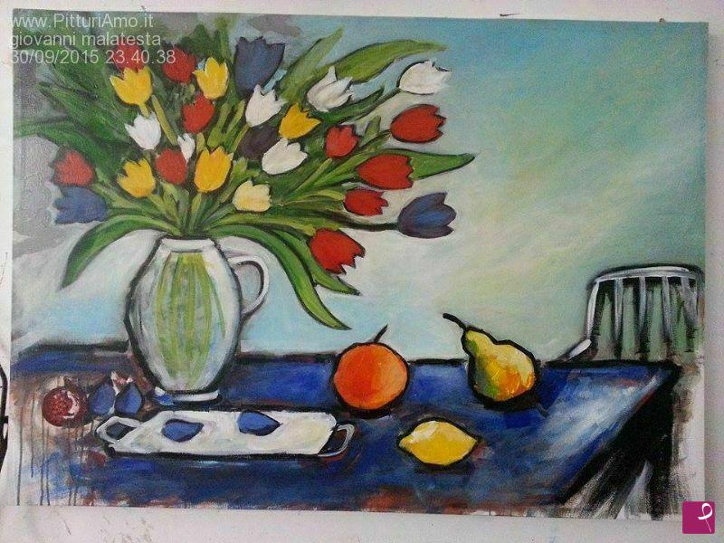 quadri in vendita online - natura morta con tulipani e frutta
