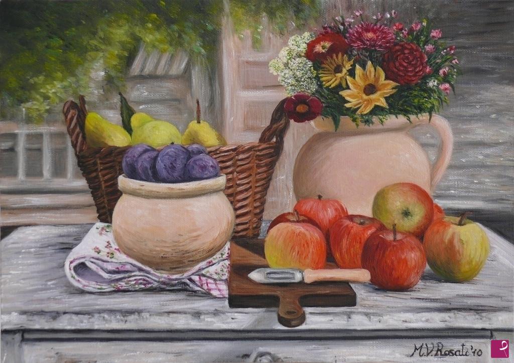 quadri in vendita online - NATURA MORTA CON VASI, FRUTTA E FIORI