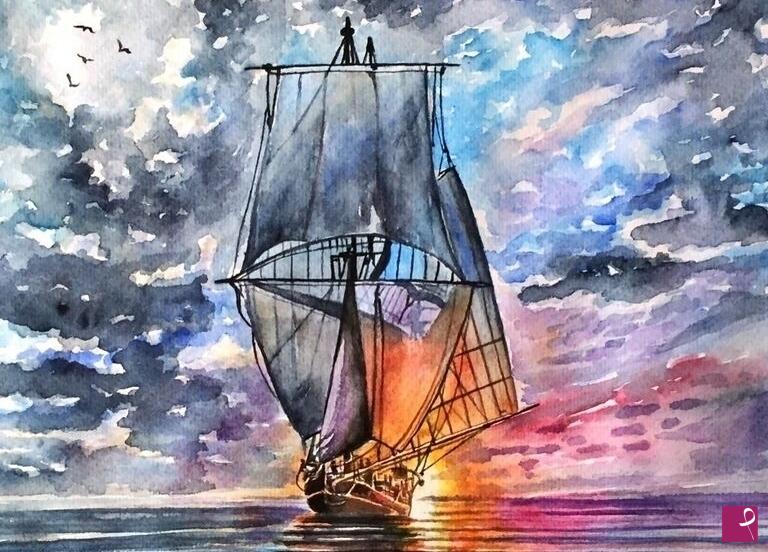 quadri in vendita online - Nave sul tramonto