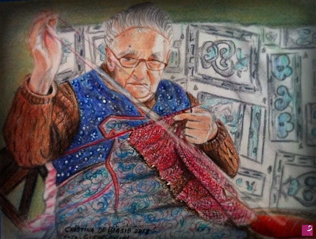quadri in vendita online - Nonna Pierina che  lavora  ai  ferri