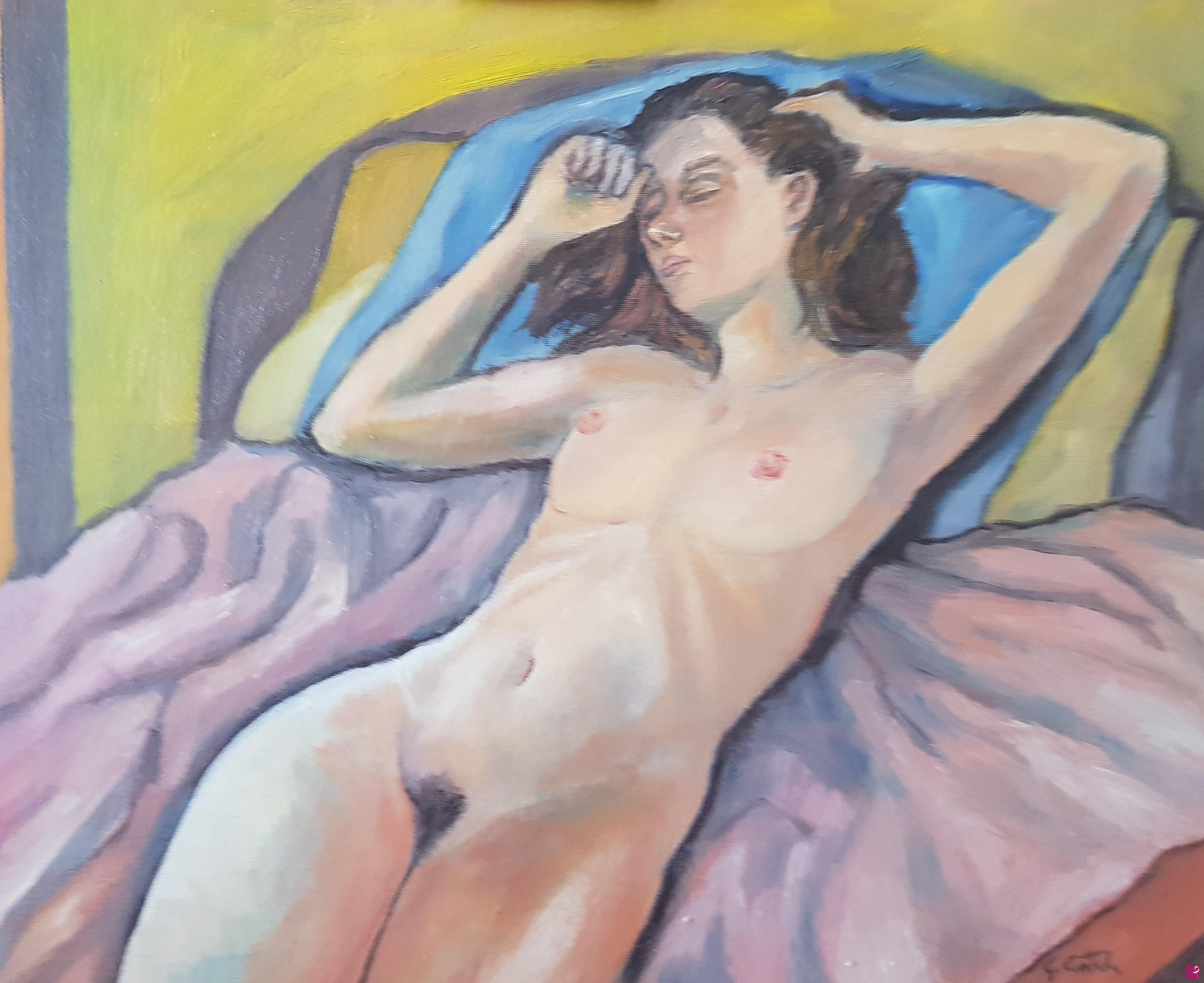 quadri in vendita online - nudo su coperta rosa