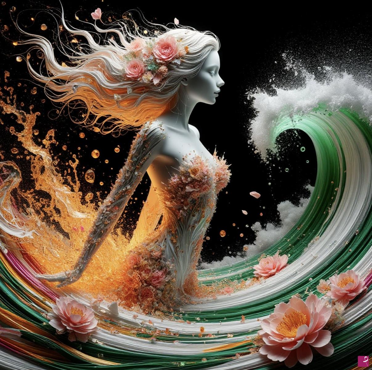 quadri in vendita online - Ocean waves, flowers, girl 