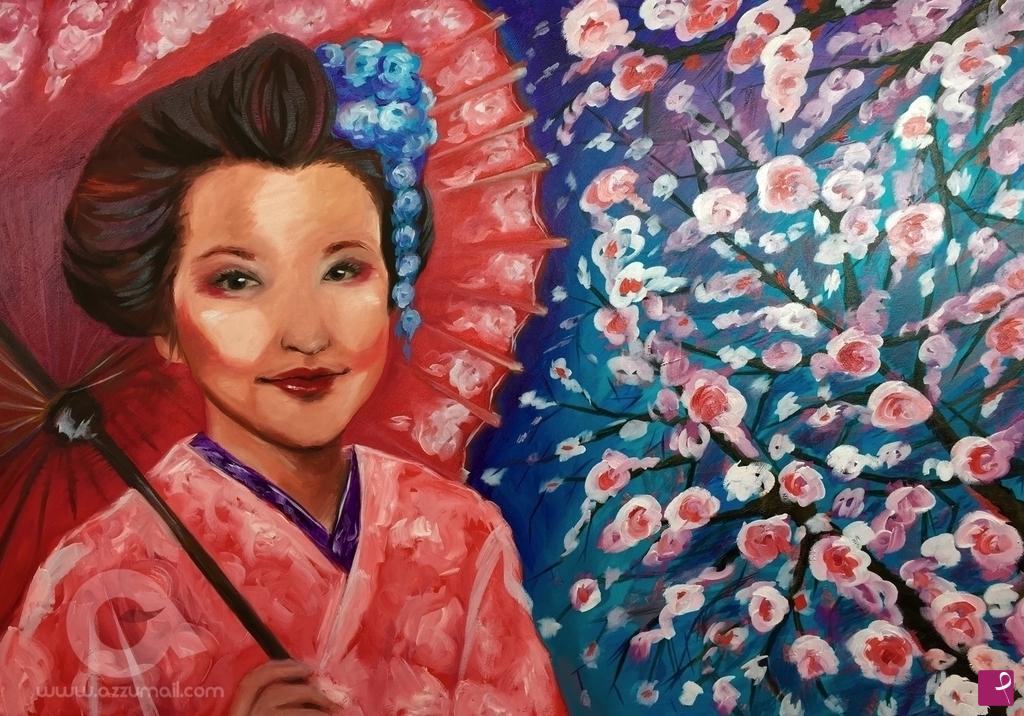 quadri in vendita online - Opera d'Arte UNICA quadro dipinto a mano con colori ad olio su tela rigenerata. Fine Art ritratto di Geisha con ombrello rosso e fiori di ciliegio misura 70x100 cm
