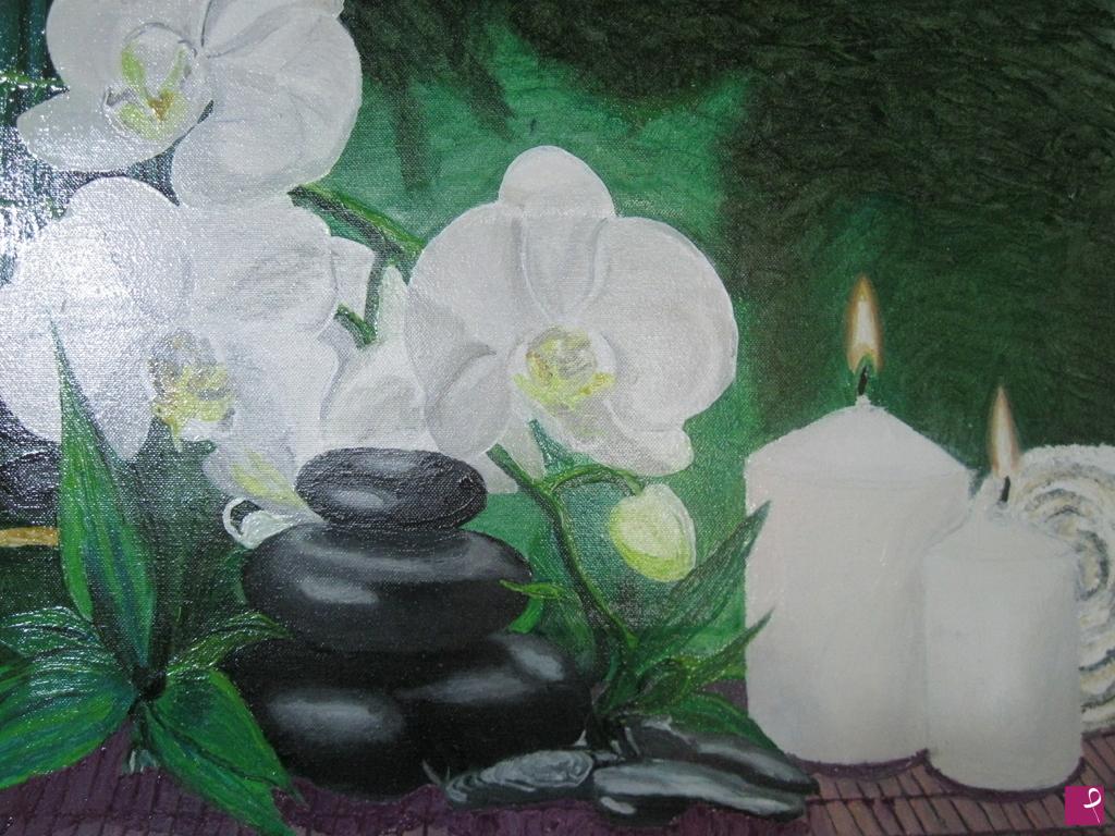 quadri in vendita online - ORCHIDEE BIANCHE CON SASSI E CANDELE ACCESE