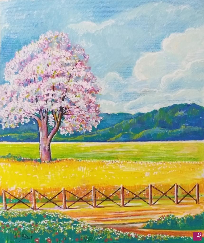 quadri in vendita online - Paesaggio con albero in fiore