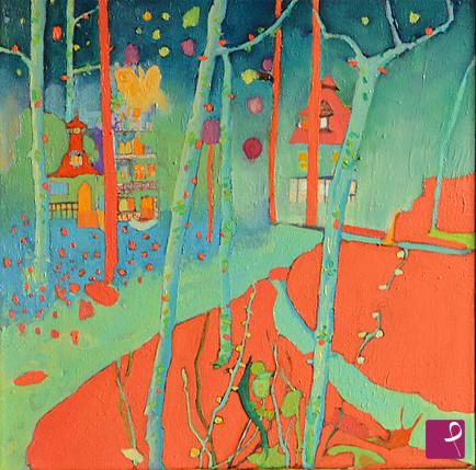 quadri in vendita online - Paesaggio verde acqua e rosso arancio