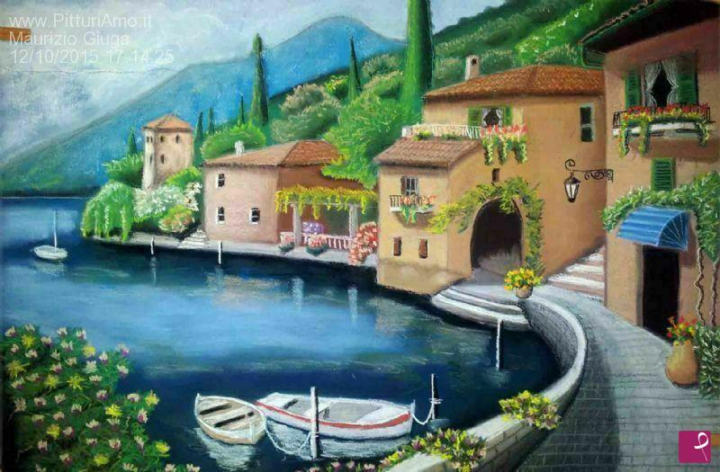 quadri in vendita online - Paesino sul lago