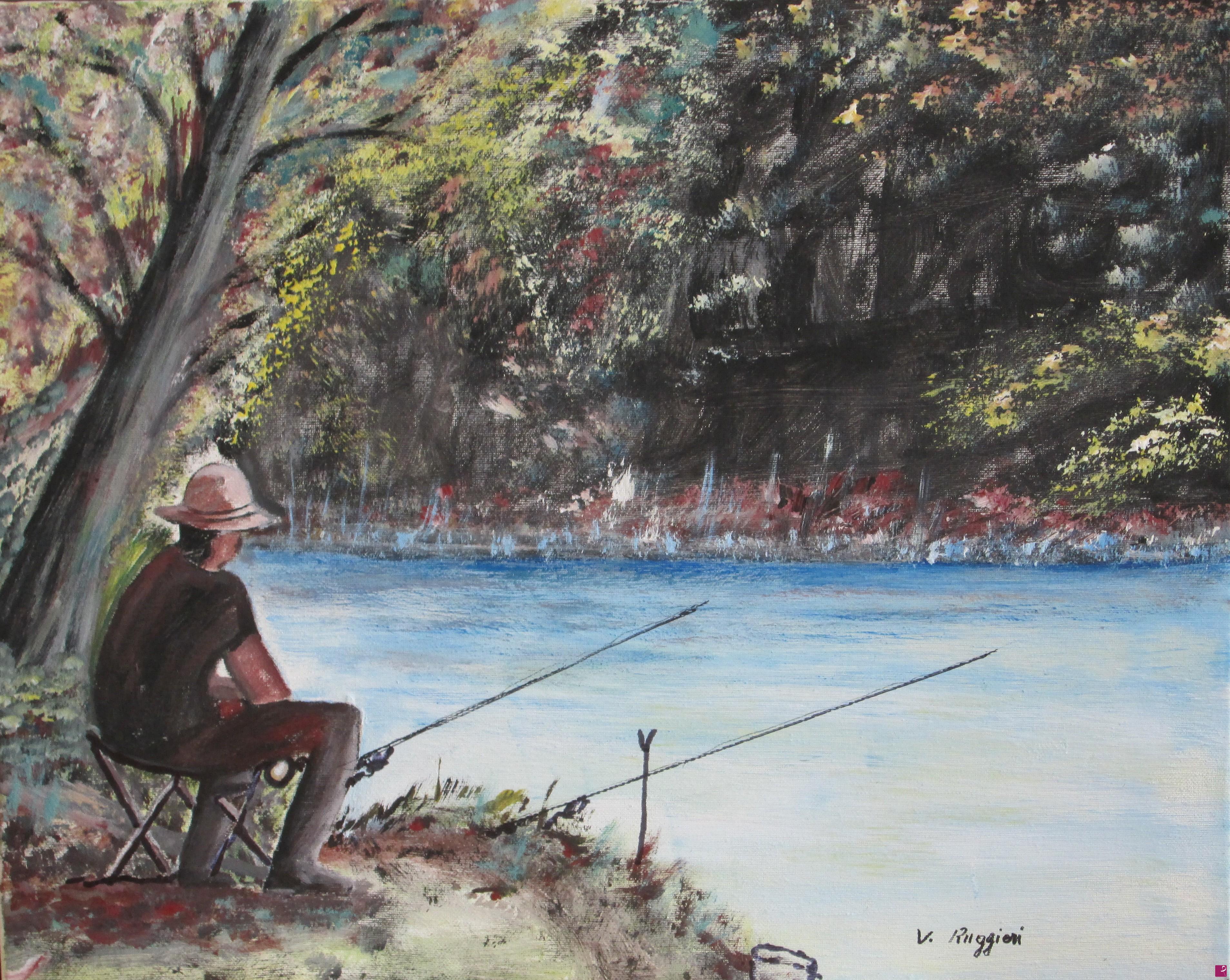 quadri in vendita online - PESCA NEL FIUME