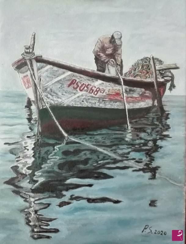 quadri in vendita online - Pescatore che salpa le reti
