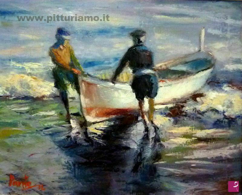 quadri in vendita online - Pescatori sulla battigia