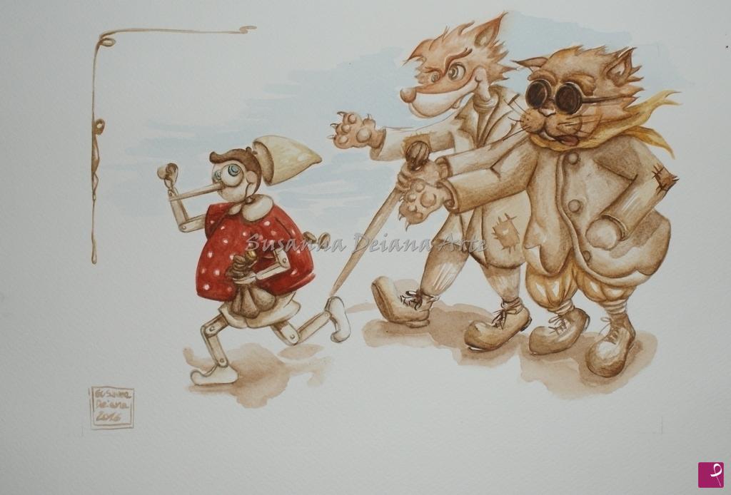 quadri in vendita online - Pinocchio scappa dal Gatto e la Volpe