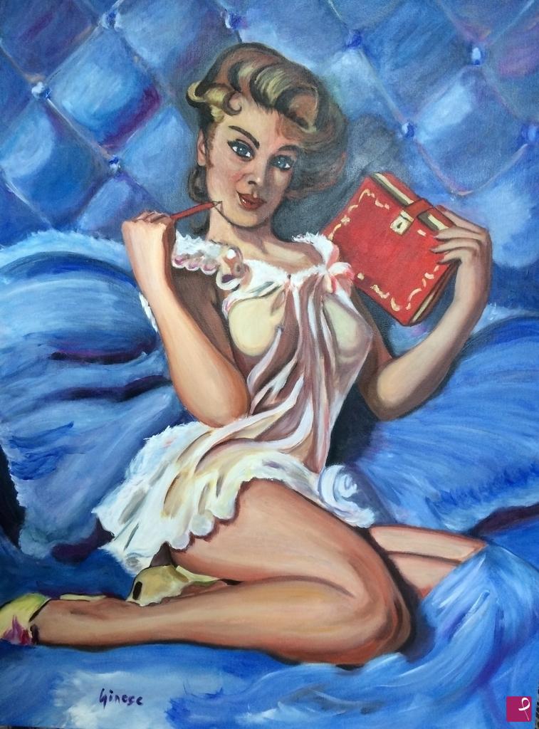 quadri in vendita online - Ragazza con diario - Tributo a Gil Elvgren