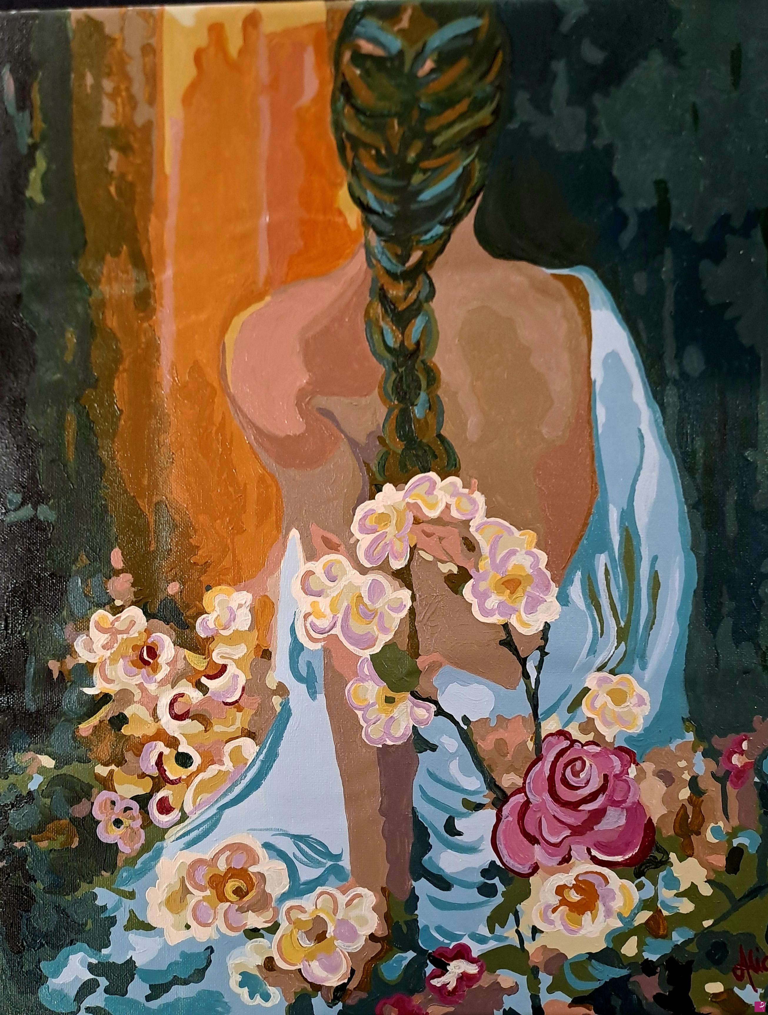quadri in vendita online - Ragazza con fiori