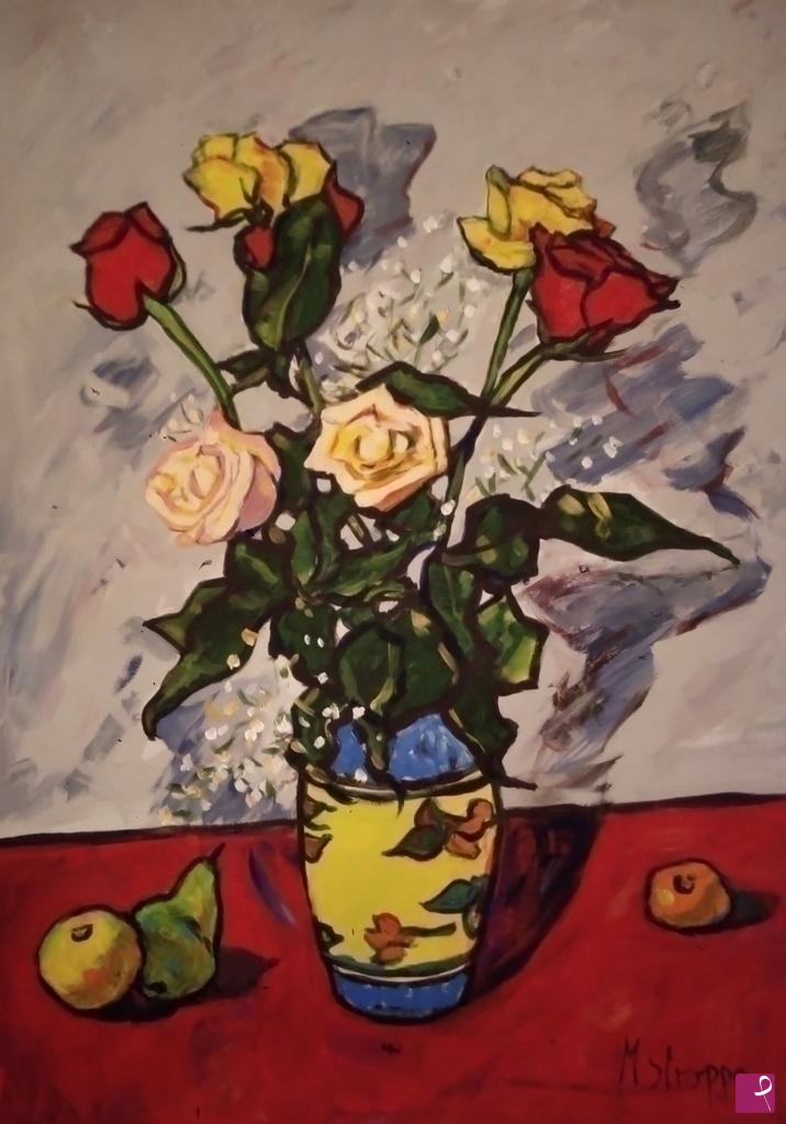 quadri in vendita online - rose in vaso con frutta