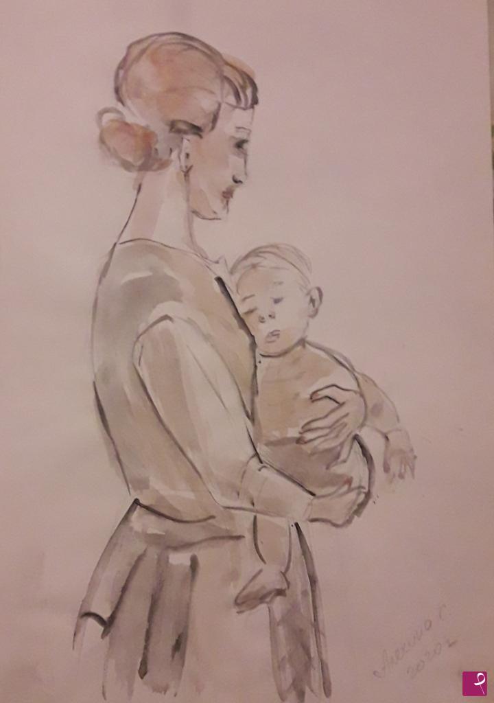 quadri in vendita online - Schizzo. Donna con bambino