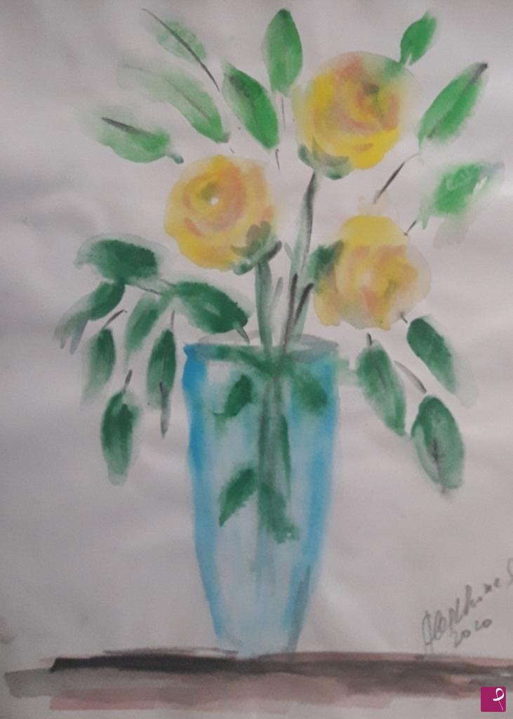 quadri in vendita online - Schizzo. Vaso con rose gialle 