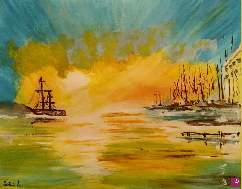 quadri in vendita online - Sunset at the Caribbean port 