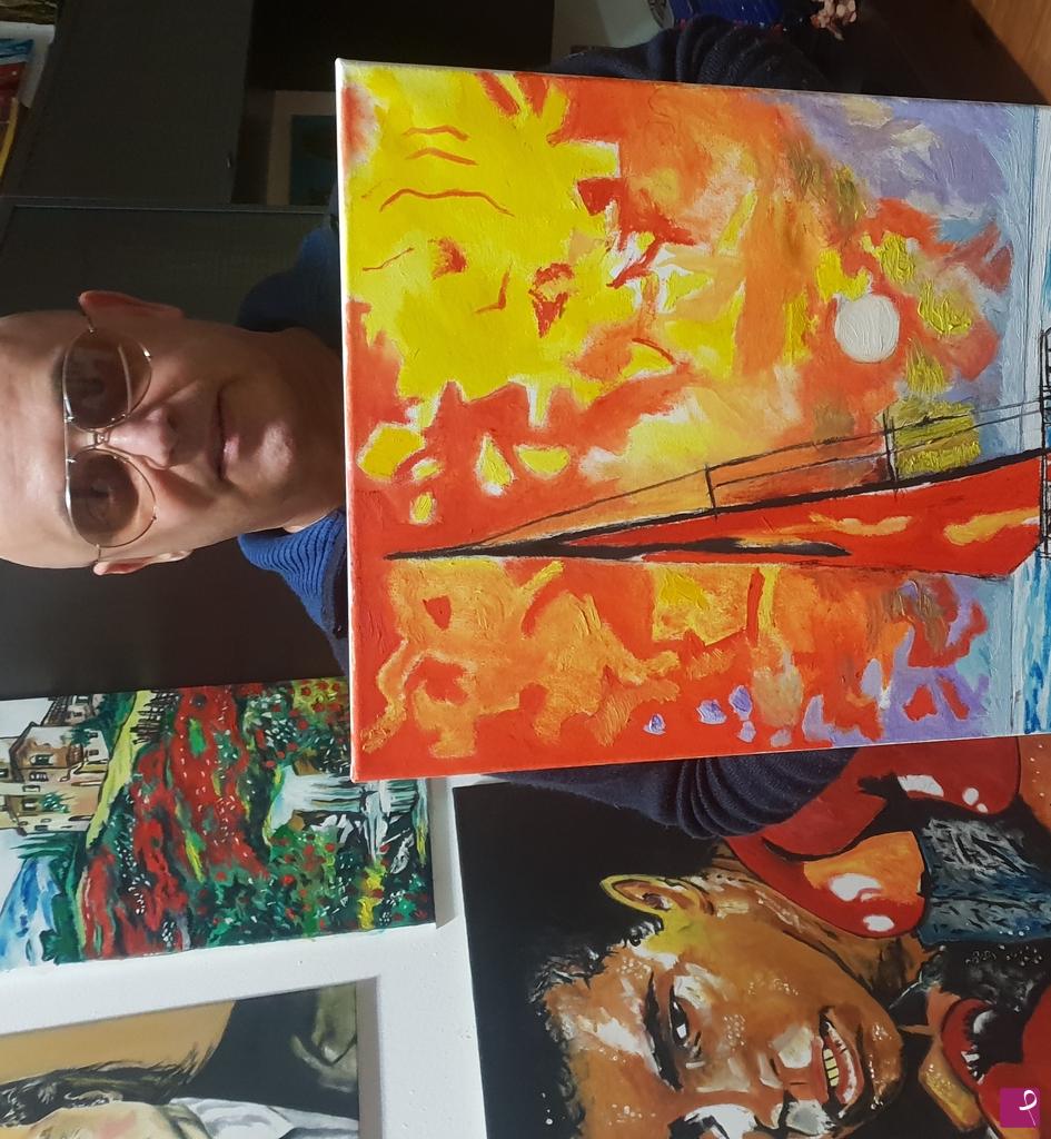 quadri in vendita online - Sunset tramonti con barca olio su tela cm. 40×60