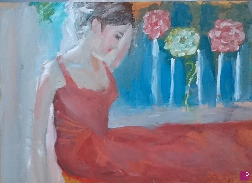 quadri in vendita online - The woman in red di Vladimir Volegov