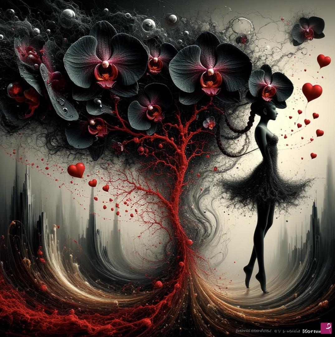 quadri in vendita online - Tornado from orchids and beautiful girl 