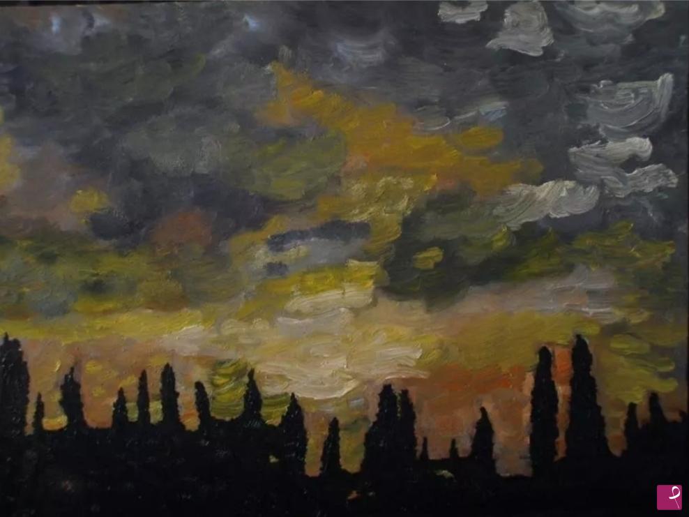 quadri in vendita online - Tramonto con cipressi. Per trovare i giusti colori ti ho dipinto sul legno, per la luce ho atteso il tramonto, per le emozioni ho chiesto a me stesso. 