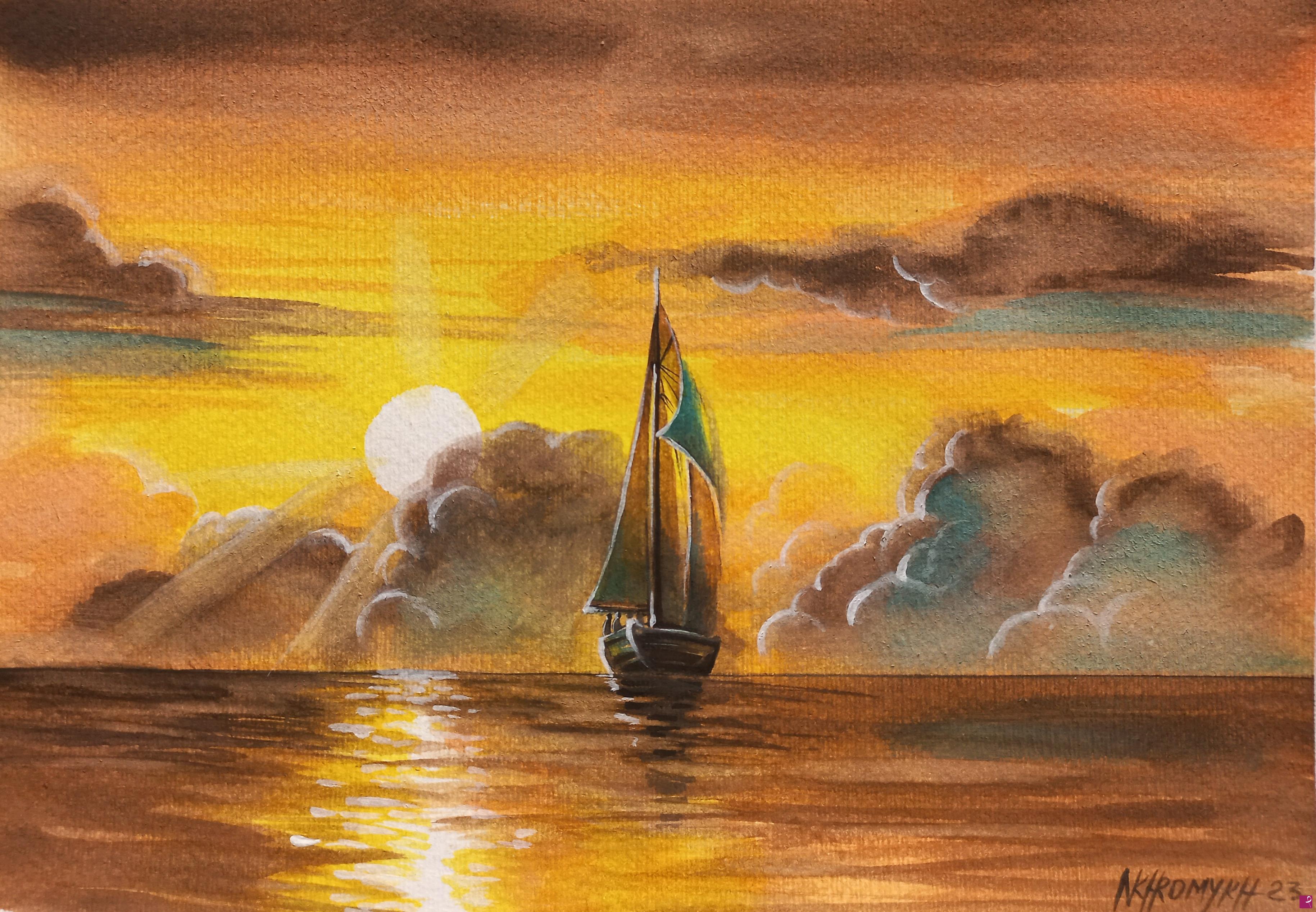 quadri in vendita online - tramonto con la nave