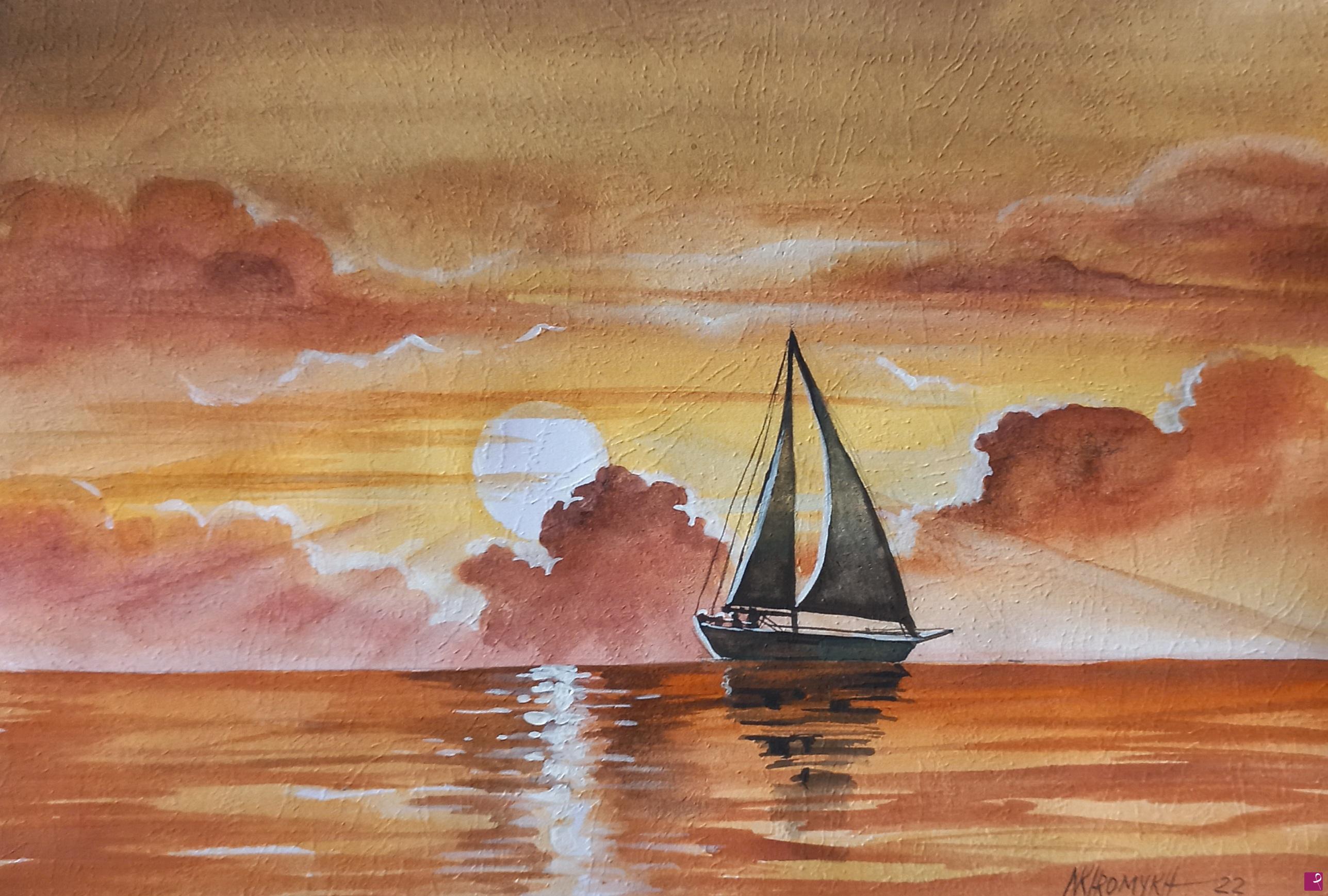 quadri in vendita online -  tramonto con una nave 