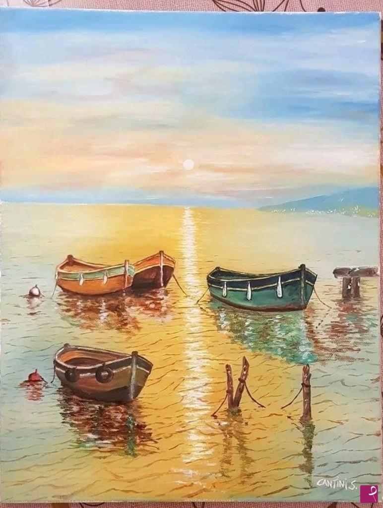 quadri in vendita online - tramonto riflesso con barche
