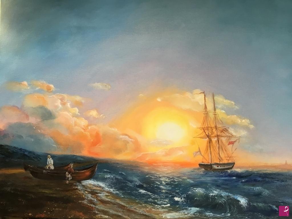 quadri in vendita online - Tramonto romantico su mare