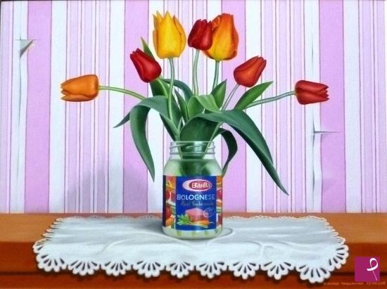 quadri in vendita online - Vasetto Barilla con tulipani