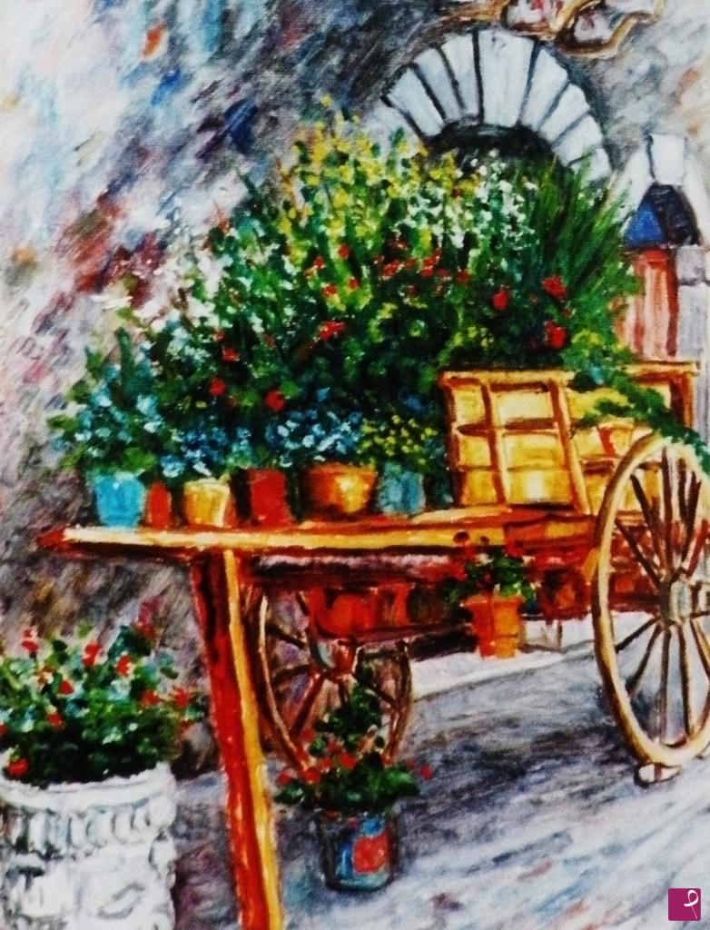 quadri in vendita online - VASI DI FIORI SUL CARRETTO 