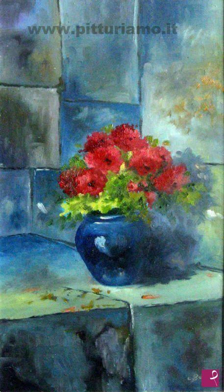 quadri in vendita online - vaso blu con fiori su tavolo