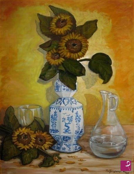 quadri in vendita online - Vaso cinese con girasoli