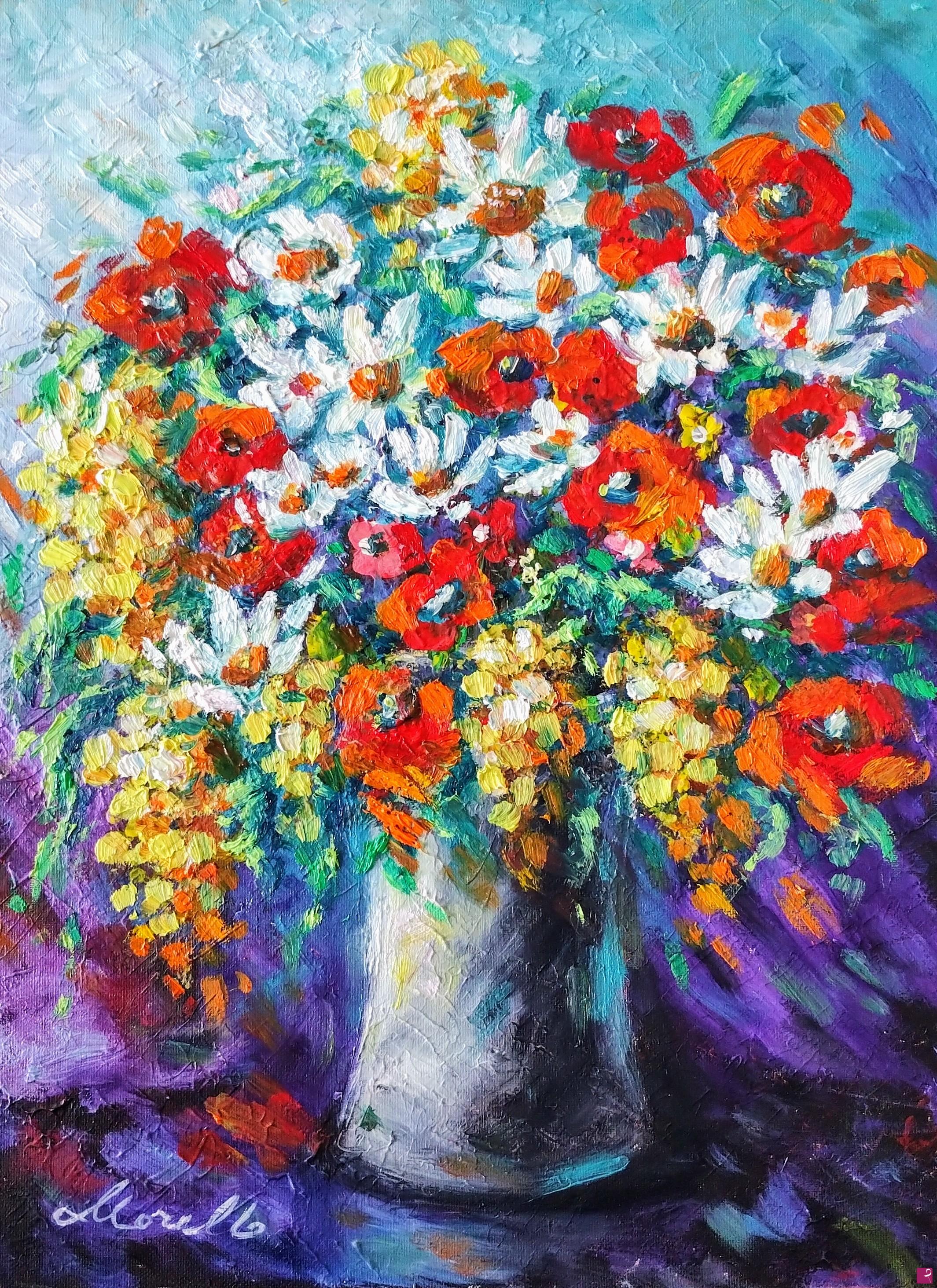 quadri in vendita online - Vaso con Fiori di Campo e Mimose