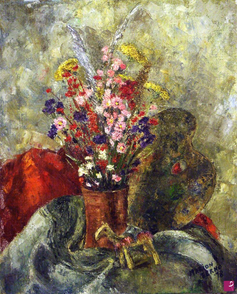 quadri in vendita online - Vaso con fiori secchi, tavolozza e piccolo cammello