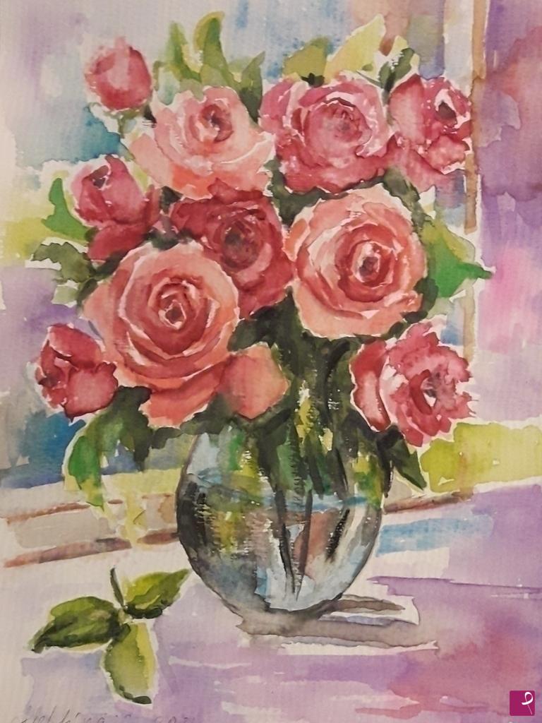 quadri in vendita online - Vaso con rose 