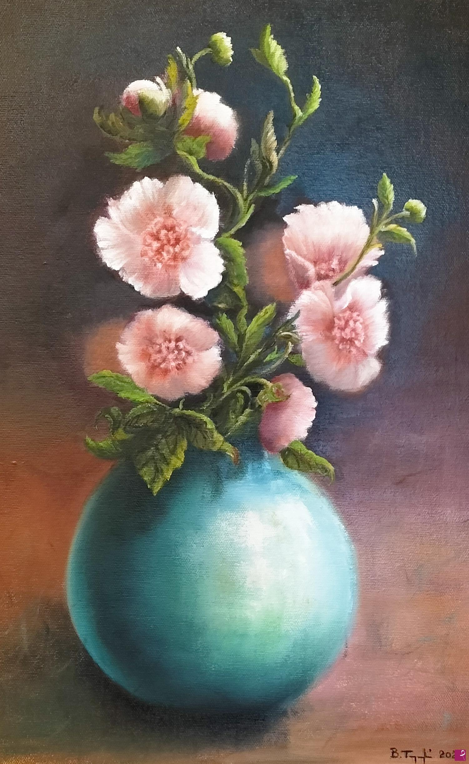 quadri in vendita online - Vaso turchese con peonie