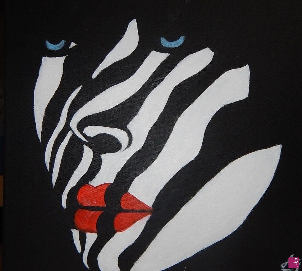 quadri in vendita online - Viso donna zebra rossetto rosso moderno /Zebra sexy face black white lines red lipstick original painting 