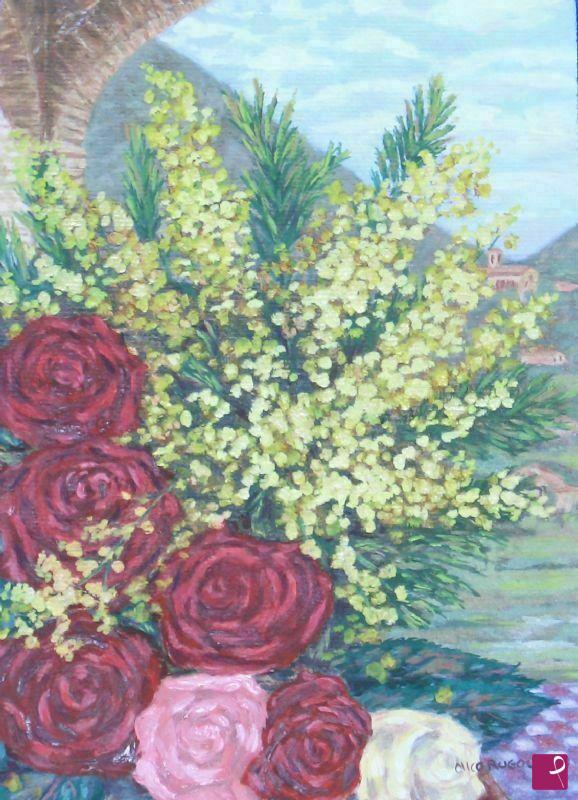 quadri in vendita online - Voglia di primavera. Arquà Petrarca. Mimosa con rose 1.