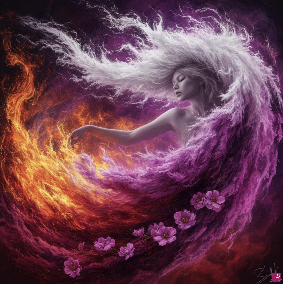 quadri in vendita online - Waves from fire and flowers, girl 