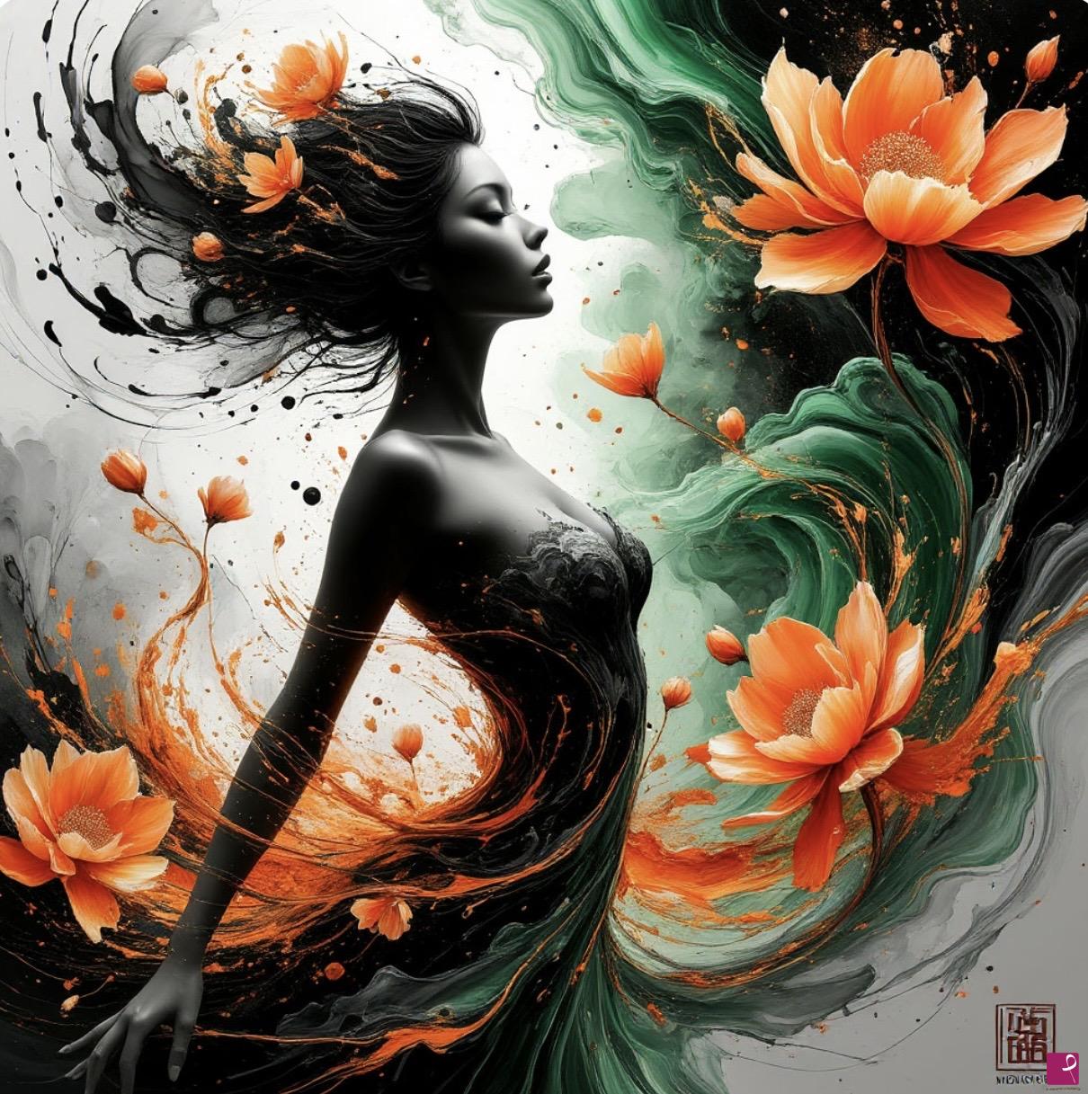 quadri in vendita online - Woman and three big flowers 