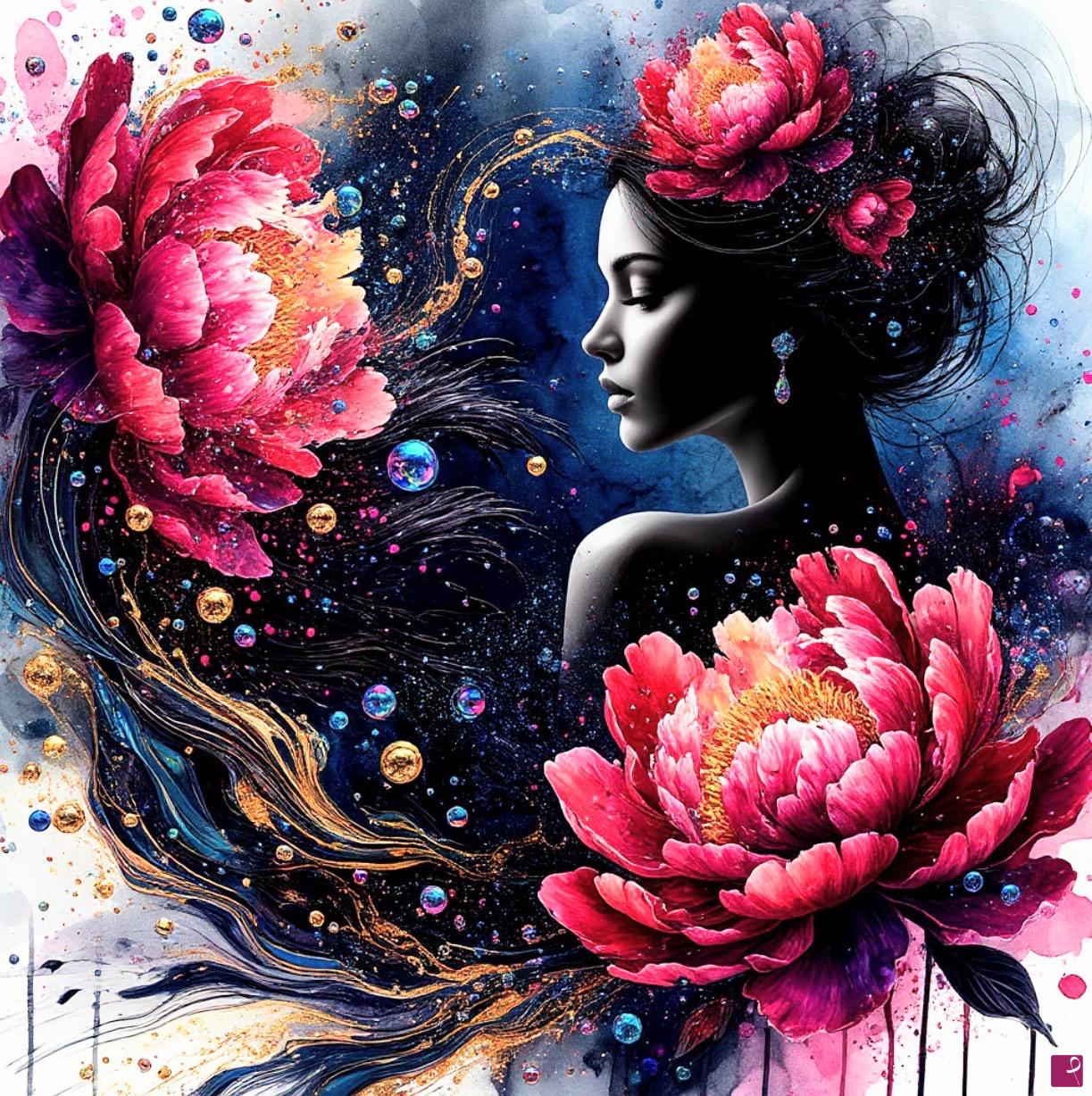 quadri in vendita online - Woman and three peonies